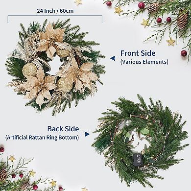 24 In Prelit Christmas Wreath for Front Door with 20 Lights, Balls, Artificial Flowers Leaves, Gold