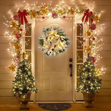 24 In Prelit Christmas Wreath for Front Door with 20 Lights, Balls, Artificial Flowers Leaves, Gold