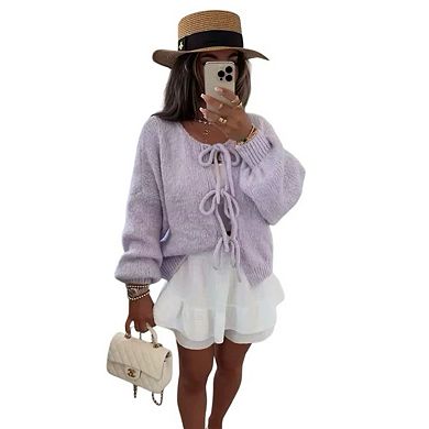 Bow Cardigan Sweaters for Women Knit Round Neck Oversized with Balloon Sleeves Fall Sweaters