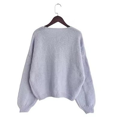Bow Cardigan Sweaters for Women Knit Round Neck Oversized with Balloon Sleeves Fall Sweaters