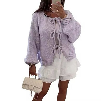 Bow Cardigan Sweaters for Women Knit Round Neck Oversized with Balloon Sleeves Fall Sweaters
