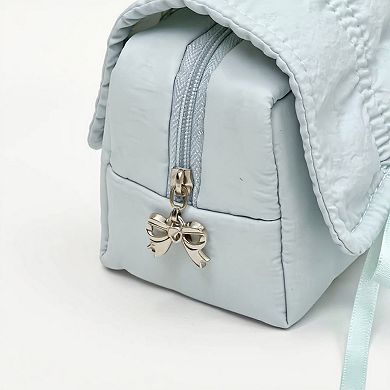 Quilted Satin Ribbon Pencil Case with Zipper Closure and Large Storage Capacity 7.9x4.3x2.7 in