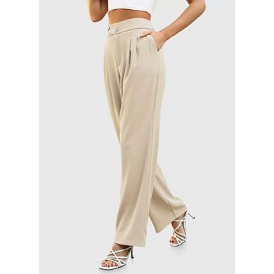 Women Wide Leg Dress Pants High Waisted Button Business Casual Trousers Office Work Straight Pants