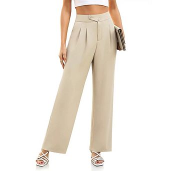 Women Wide Leg Dress Pants High Waisted Button Business Casual Trousers Office Work Straight Pants