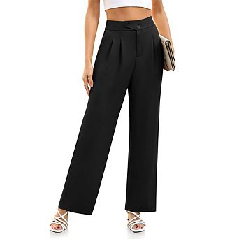 Women Wide Leg Dress Pants High Waisted Button Business Casual Trousers Office Work Straight Pants