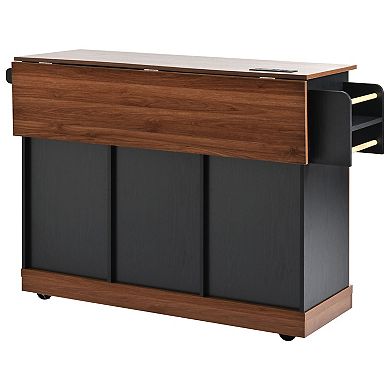 Whisen Farmhouse Kitchen Island with Drop Leaf, Barn Door & Charging, Rolling Design