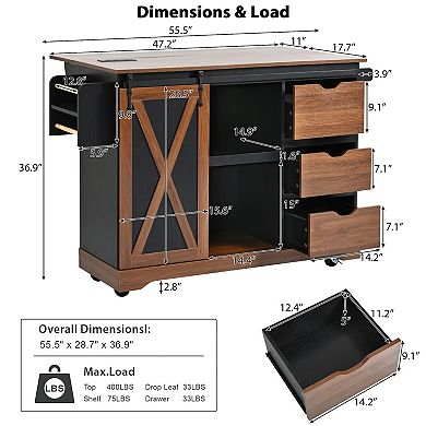 Whisen Farmhouse Kitchen Island with Drop Leaf, Barn Door & Charging, Rolling Design