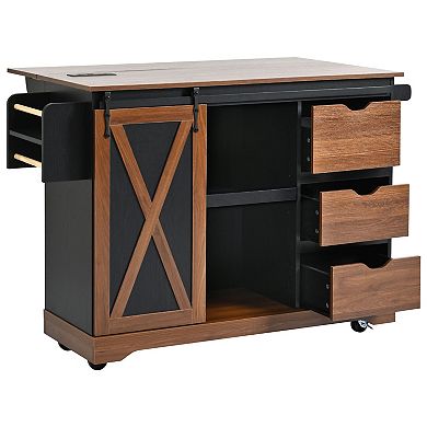 Whisen Farmhouse Kitchen Island with Drop Leaf, Barn Door & Charging, Rolling Design