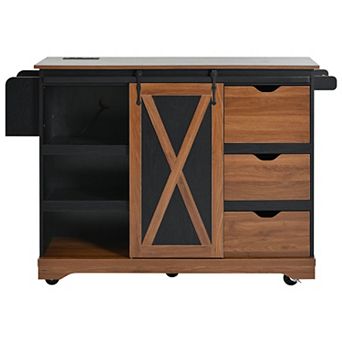 Whisen Farmhouse Kitchen Island with Drop Leaf, Barn Door & Charging, Rolling Design