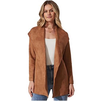 Women Faux Suede Jacket Long Sleeve Bomber Cropped Coat Moto Jackets