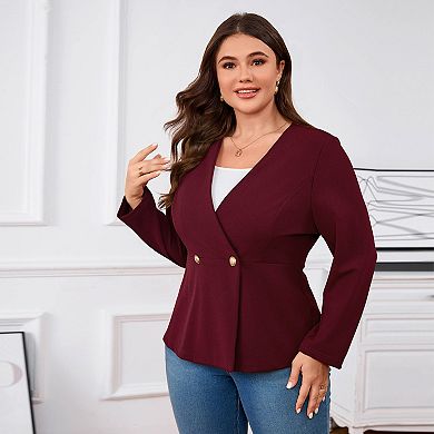 Plus Size Women's V-Neck Blazer 3/4 Sleeve Two-Button Suit Jacket for Work
