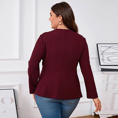 Plus Size Women's V-Neck Blazer 3/4 Sleeve Two-Button Suit Jacket for Work