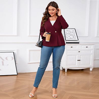 Plus Size Women's V-Neck Blazer 3/4 Sleeve Two-Button Suit Jacket for Work