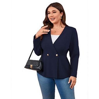 Plus Size Women's V-Neck Blazer 3/4 Sleeve Two-Button Suit Jacket for Work