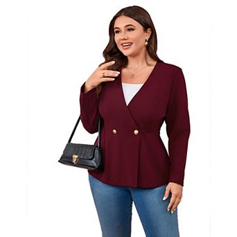 Plus Size Women's V-Neck Blazer 3/4 Sleeve Two-Button Suit Jacket for Work