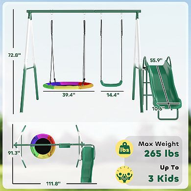 Qaba Metal Swing Set with Slide, Heavy Duty Swing Set