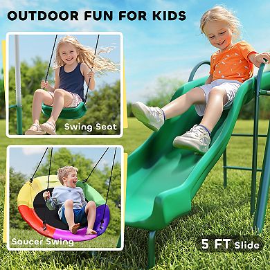 Qaba Metal Swing Set with Slide, Heavy Duty Swing Set