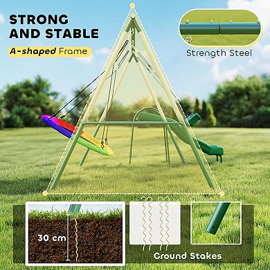 Qaba Metal Swing Set with Slide, Heavy Duty Swing Set