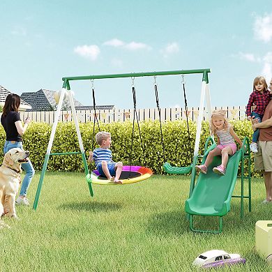 Qaba Metal Swing Set with Slide, Heavy Duty Swing Set