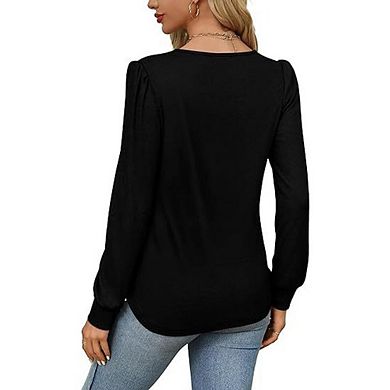 Autumn fashion women's tunic tops, pleated round neck puff sleeve shirts, formal casual