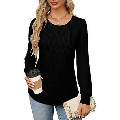 Autumn fashion women's tunic tops, pleated round neck puff sleeve shirts, formal casual