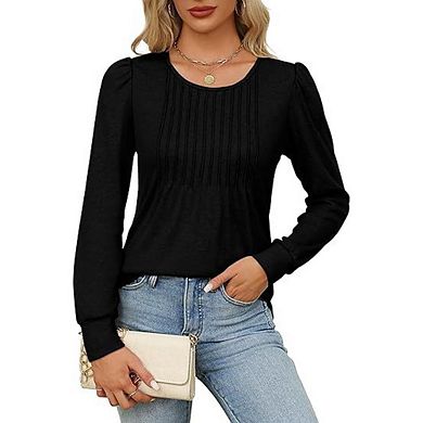 Autumn fashion women's tunic tops, pleated round neck puff sleeve shirts, formal casual