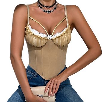 Fishbone Corset Top See-Through Mesh Lace Splicing Camisole
