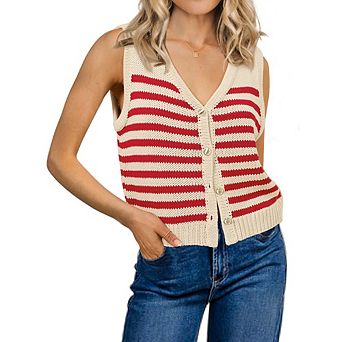 Womens Striped Sweater Vest Sleeveless Ribbed Tank Tops Color Block Fall CasualButton Down Shirts