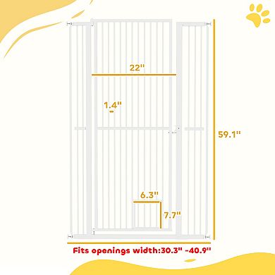PawHut 59inch Extra Tall Pet Gate, 30"-41" Dog Gate with Cat Door