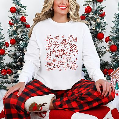 Merry Christmas Sketched Icons - Women's Garment Dyed Long Sleeve Graphic T-Shirt