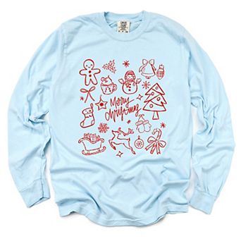 Merry Christmas Sketched Icons - Women's Garment Dyed Long Sleeve Graphic T-Shirt