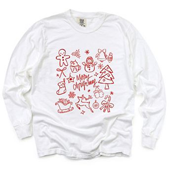 Merry Christmas Sketched Icons - Women's Garment Dyed Long Sleeve Graphic T-Shirt