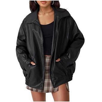 Women's Oversized Leather Jackets Fashion Motorcycle Bomber Coats Long Sleeve Outfits