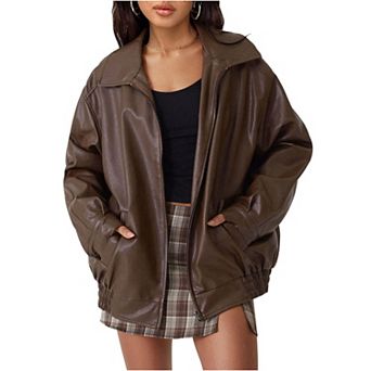Women's Oversized Leather Jackets Fashion Motorcycle Bomber Coats Long Sleeve Outfits