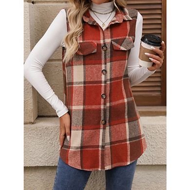 Womens Plaid Vest Button Down Sleeveless Lapel Neck Long Vest Tops Outerwear Casual Jackets
