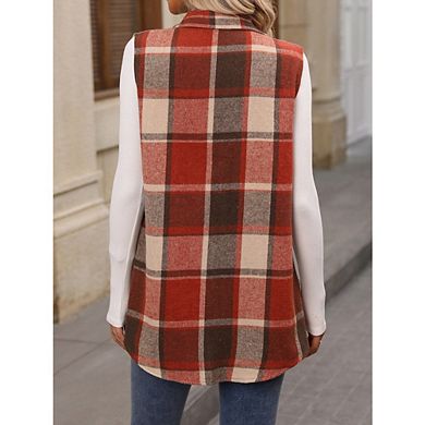 Womens Plaid Vest Button Down Sleeveless Lapel Neck Long Vest Tops Outerwear Casual Jackets