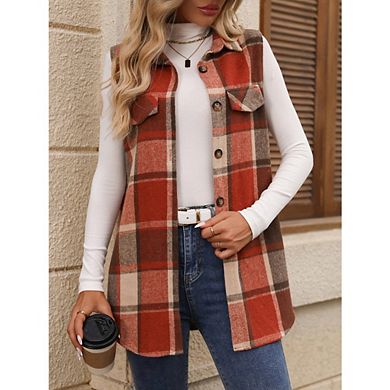 Womens Plaid Vest Button Down Sleeveless Lapel Neck Long Vest Tops Outerwear Casual Jackets