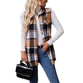 Womens Plaid Vest Button Down Sleeveless Lapel Neck Long Vest Tops Outerwear Casual Jackets