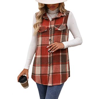 Womens Plaid Vest Button Down Sleeveless Lapel Neck Long Vest Tops Outerwear Casual Jackets