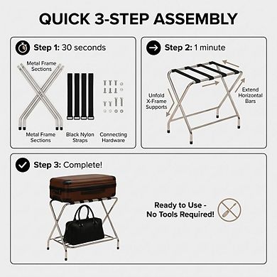 USTECH Foldable Double-Tier Metal Luggage Rack with Shelf for Guest Room (26.5"x24"x3.5")