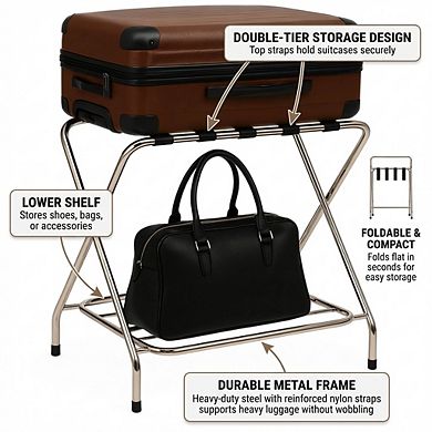 USTECH Foldable Double-Tier Metal Luggage Rack with Shelf for Guest Room (26.5"x24"x3.5")