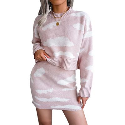 Women's Sweater Sets Two-Piece Outfit Loose Pullover Top & Pencil Mini Skirt White Clouds Knit Pattern Fall Winter Pink L