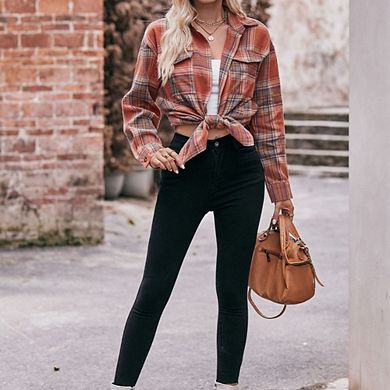 Womens Oversized Plaid Shackets Button Down Flannel Shirts Long Sleeve Business Casual Blouse Top