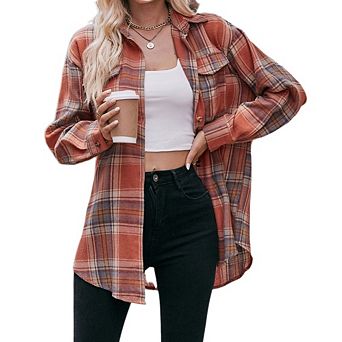 Womens Oversized Plaid Shackets Button Down Flannel Shirts Long Sleeve Business Casual Blouse Top