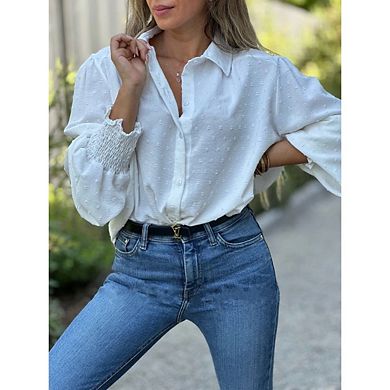 Women's Button Down Polka Dots Shirts Long Sleeve Tops Casual Collared Blouses Loose Fit