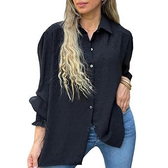 Women's Button Down Polka Dots Shirts Long Sleeve Tops Casual Collared Blouses Loose Fit