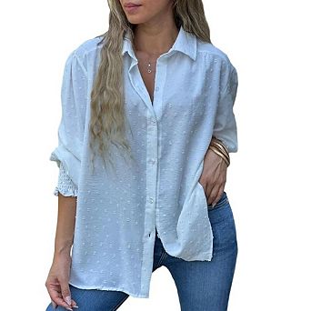 Women's Button Down Polka Dots Shirts Long Sleeve Tops Casual Collared Blouses Loose Fit