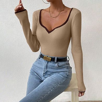 Women's Sweetheart Neckline Top Color Block Long Sleeve T Shirts Ribbed Knit Tee Shirts