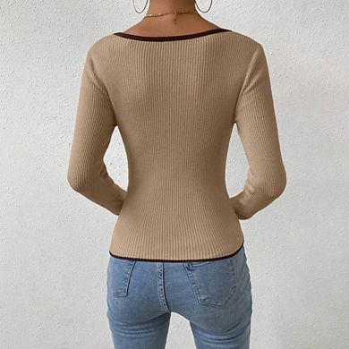 Women's Sweetheart Neckline Top Color Block Long Sleeve T Shirts Ribbed Knit Tee Shirts