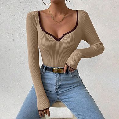 Women's Sweetheart Neckline Top Color Block Long Sleeve T Shirts Ribbed Knit Tee Shirts
